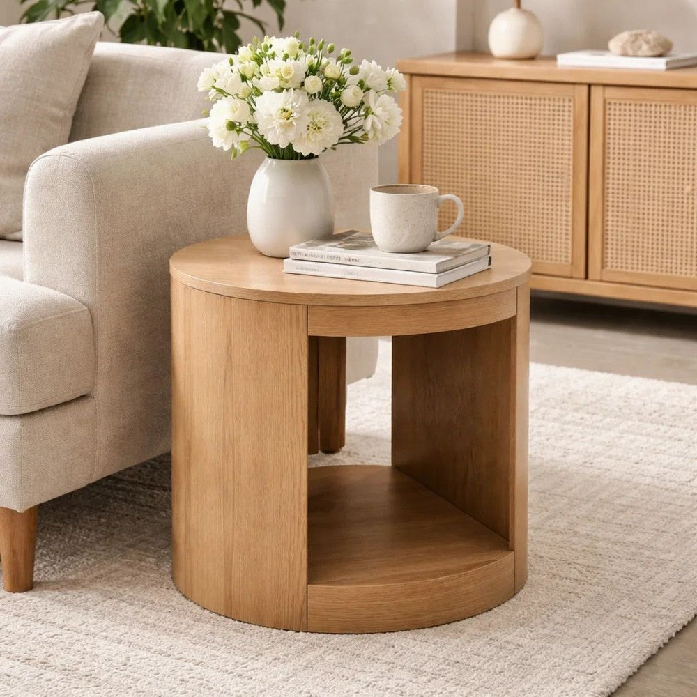 Sery Side End Table | 22" Round Top w Open Lower Shelf | Oak Brown