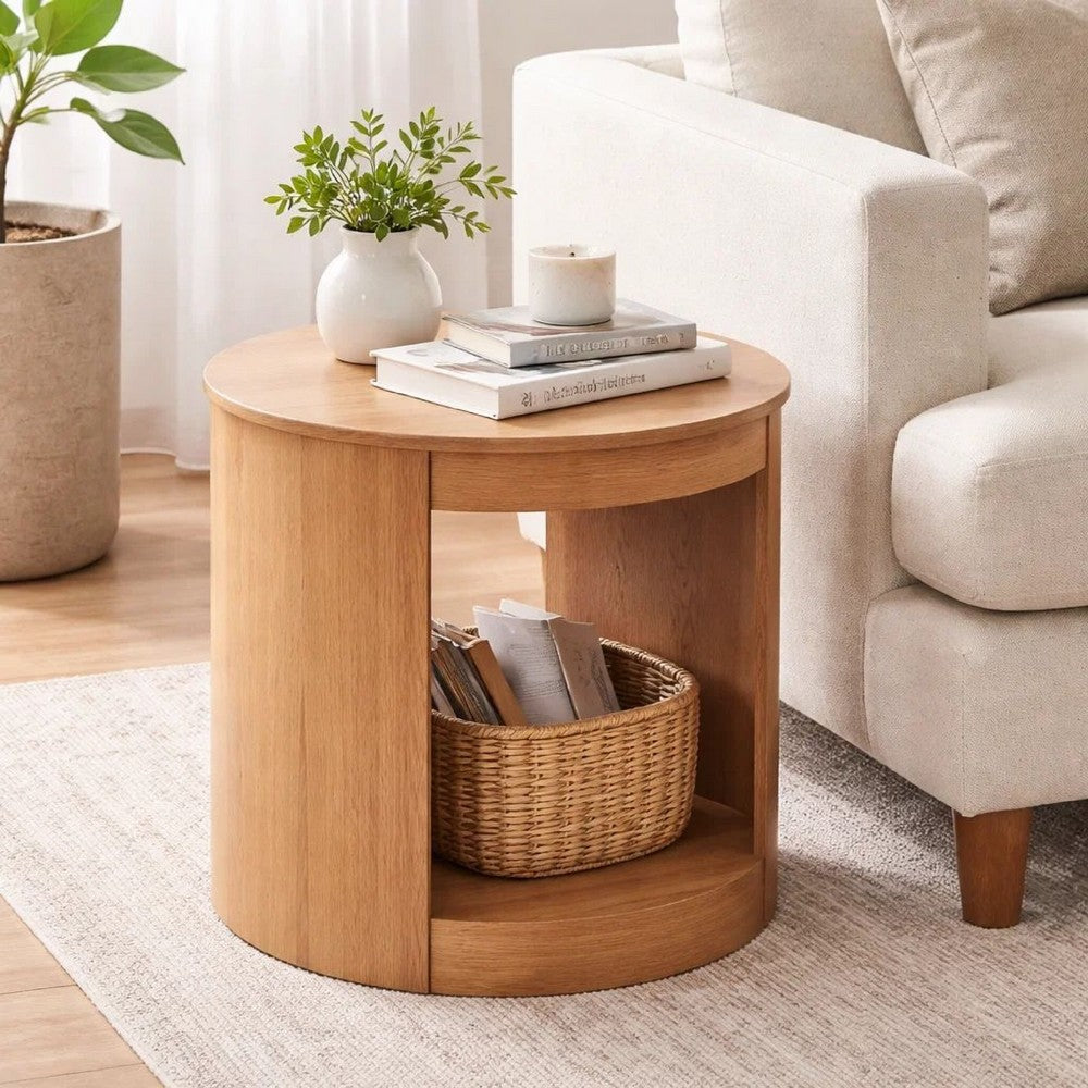 Sery Side End Table | 22" Round Top w Open Lower Shelf | Oak Brown