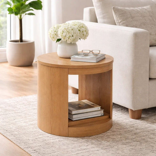 Sery Side End Table | 22" Round Top w Open Lower Shelf | Oak Brown