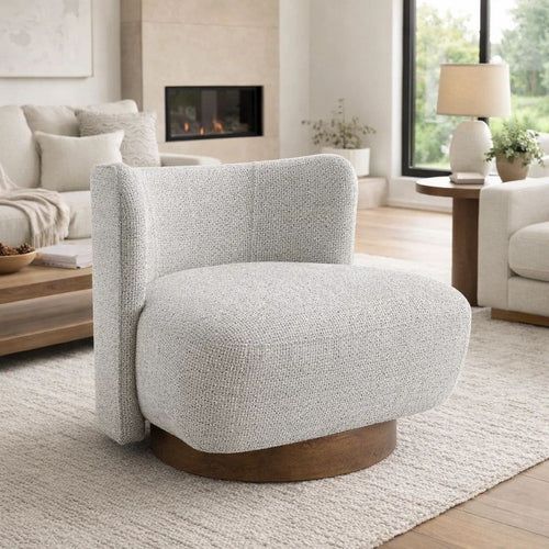 Sely Contemporary Accent Chair | Gray Tweed Fabric Curved Back | Round Base