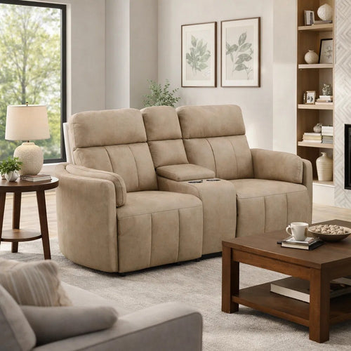 Sonny Manual Motion Recliner Loveseat w Console | Dark Beige Microfiber