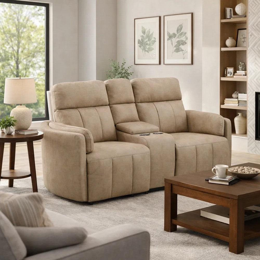 Sonny Manual Motion Recliner Loveseat w Console | Dark Beige Microfiber