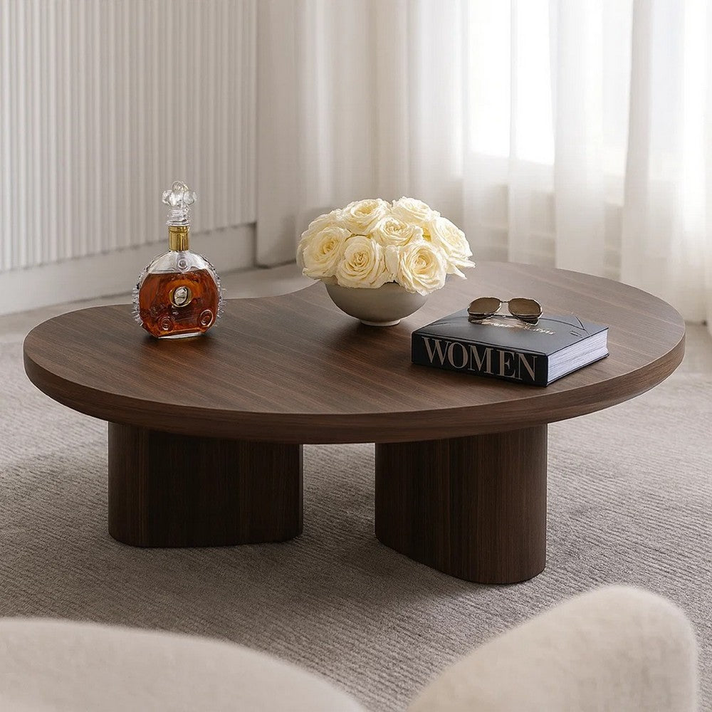 Yex Coffee Table | 35" Curved Top w Pedestal Legs | Smoked Oak Brown