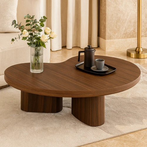 Yex Coffee Table | 35" Curved Top w Pedestal Legs | Smoked Oak Brown
