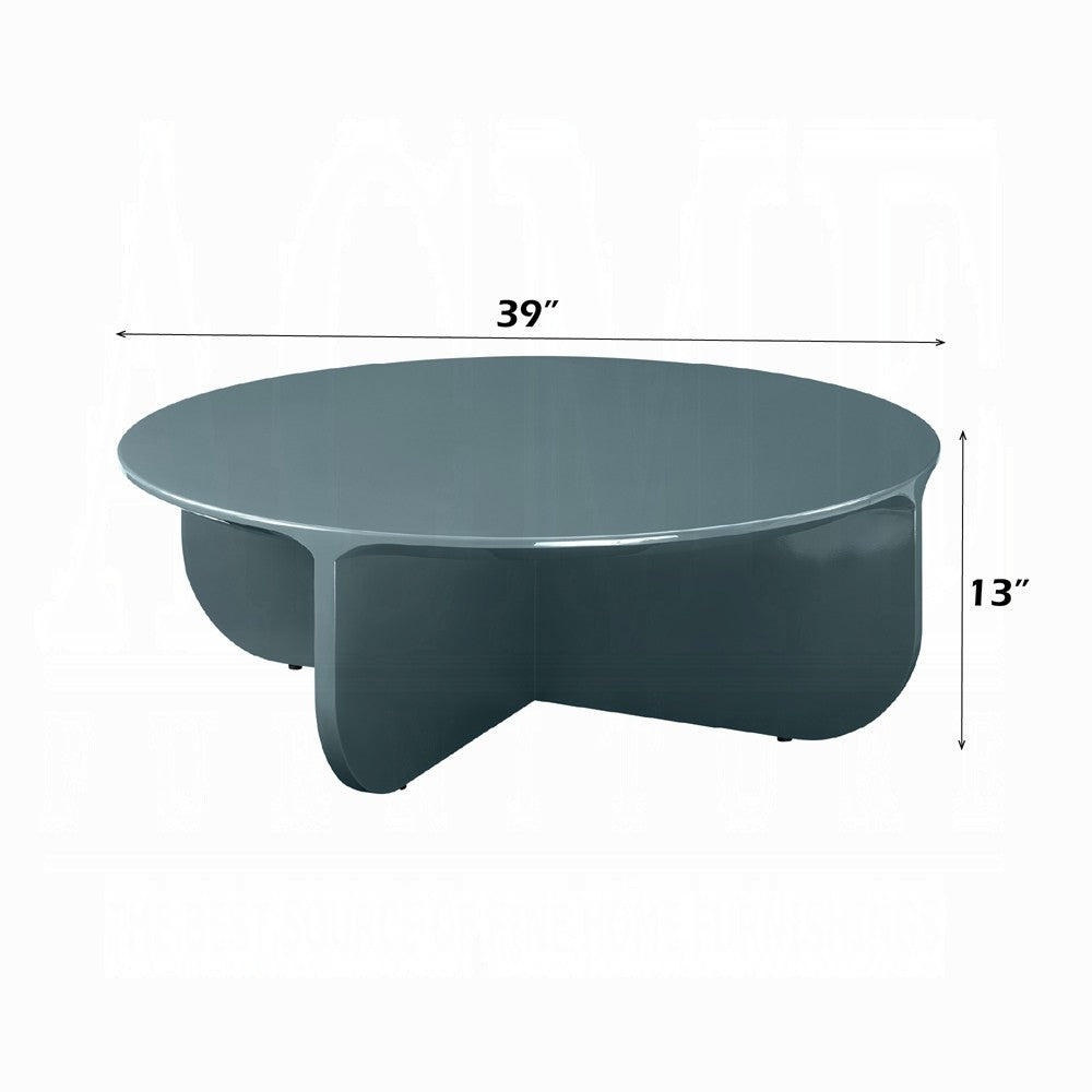 Lemy Coffee Table. 39" Round Top w Pedestal Base | Teal Blue Wood