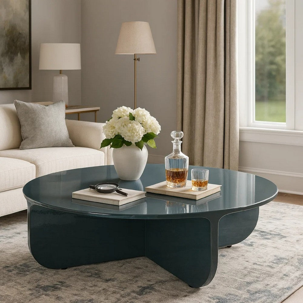 Lemy Coffee Table. 39" Round Top w Pedestal Base | Teal Blue Wood