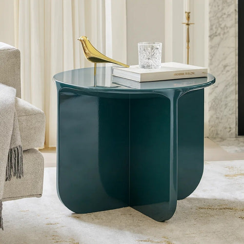 Lemy Side End Table. 20" Round Top w Pedestal Base | Teal Blue Wood