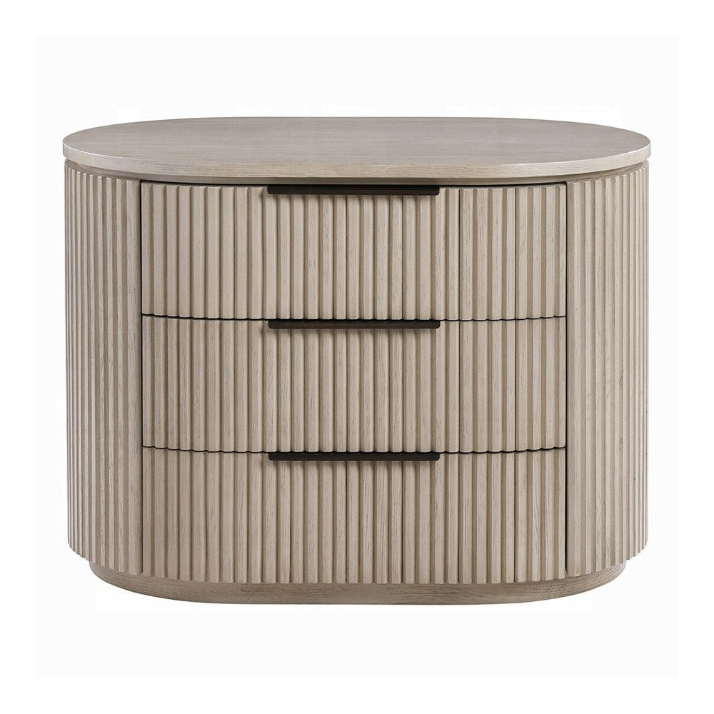 Dery Nightstand w USB Ports | 3 Ribbed Front Drawers | Light Oak Brown