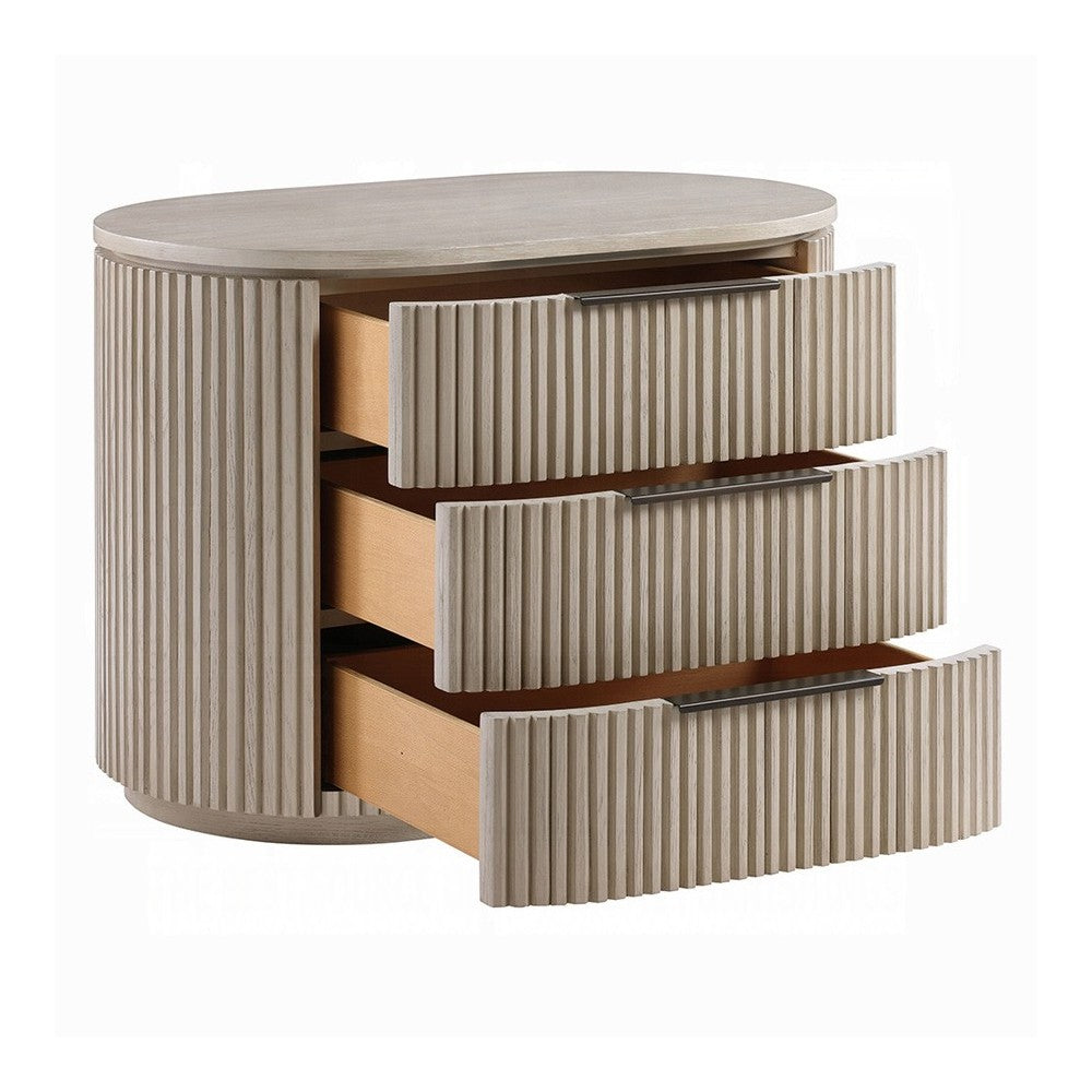 Dery Nightstand w USB Ports | 3 Ribbed Front Drawers | Light Oak Brown