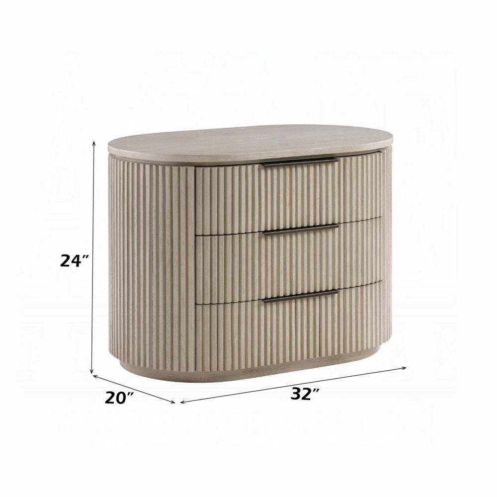 Dery Nightstand w USB Ports | 3 Ribbed Front Drawers | Light Oak Brown