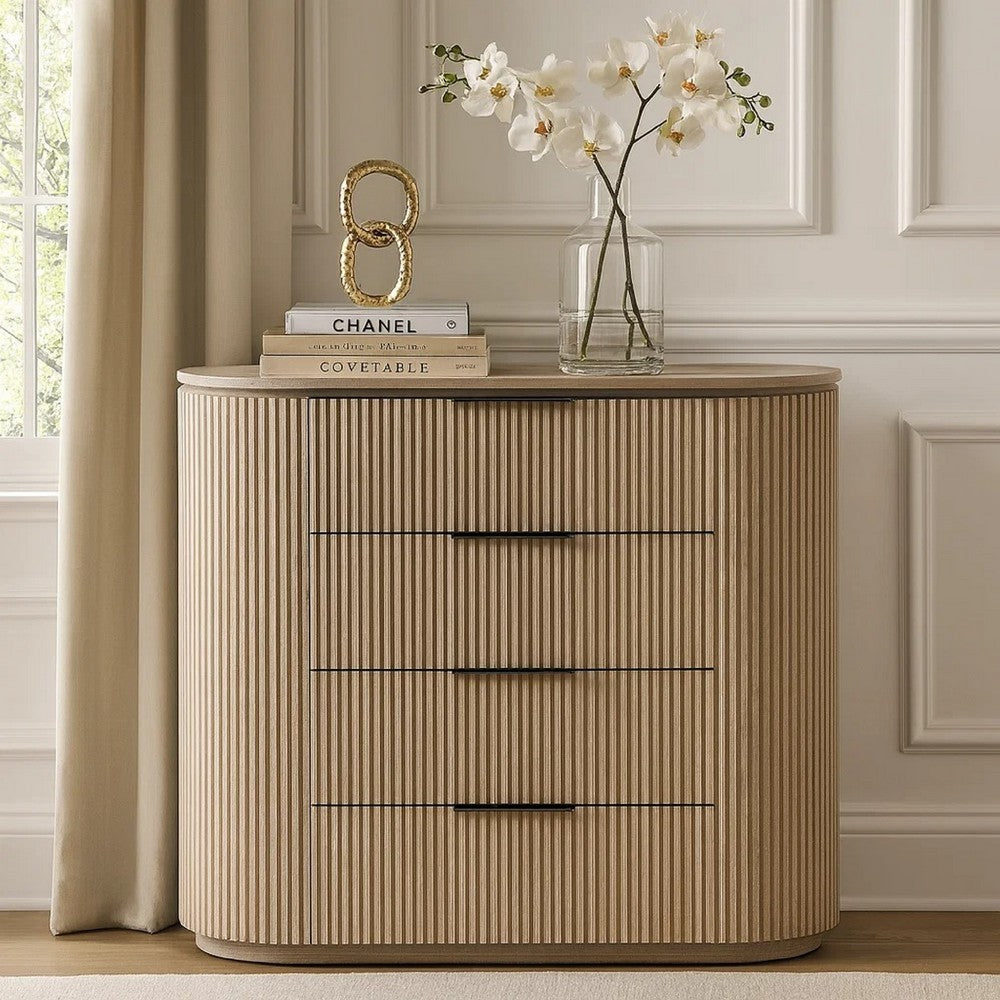 Dery Tall Dresser Chest | 4 Ribbed Front Drawers | Light Oak Brown Wood