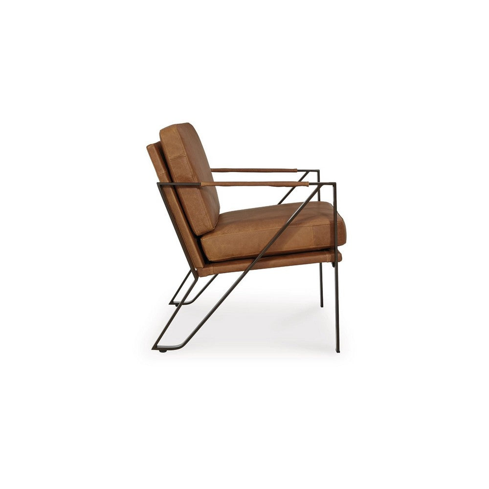Gery Accent Chair | Caramel Brown Top Grain Leather | Bronze Metal Frame