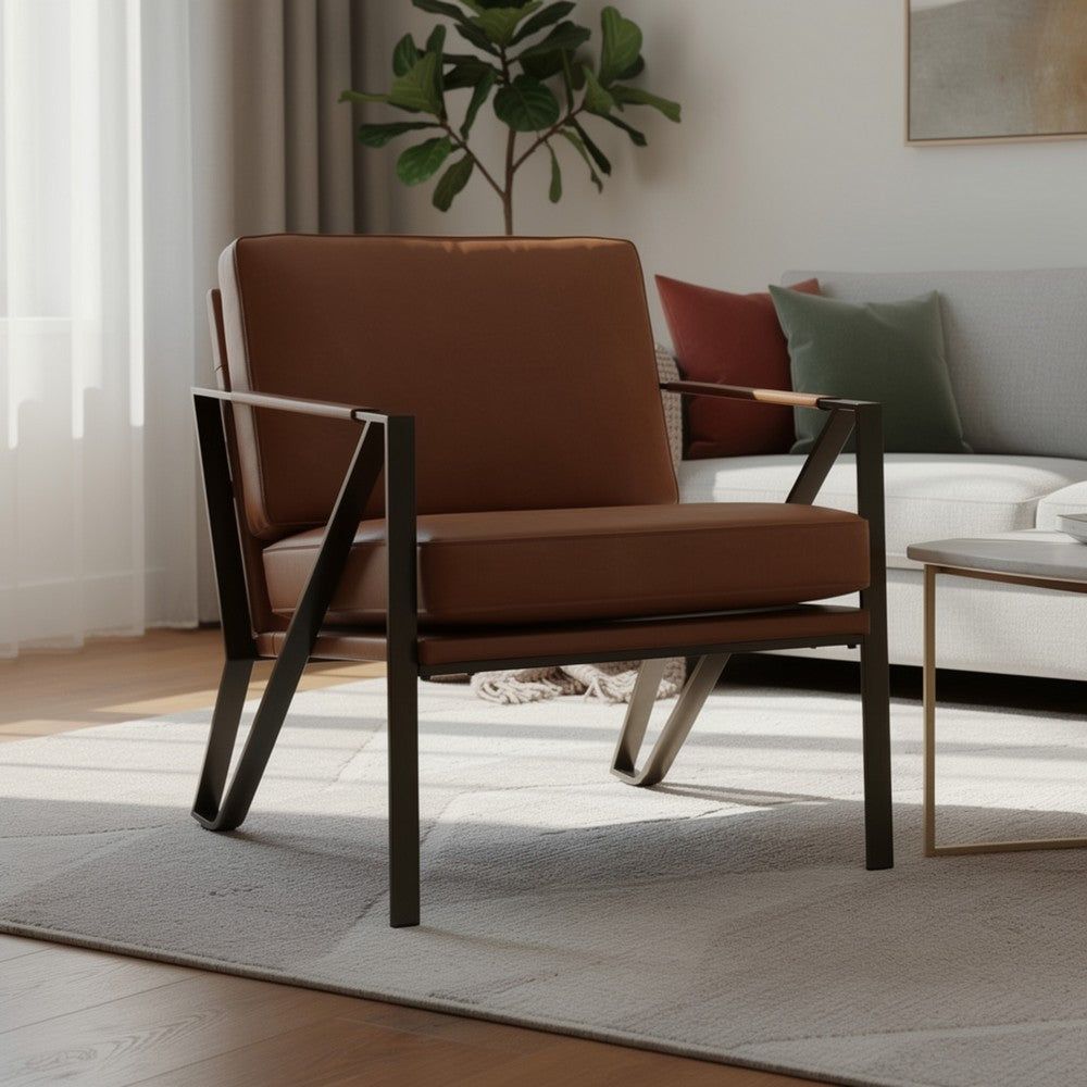 Gery Accent Chair | Caramel Brown Top Grain Leather | Bronze Metal Frame