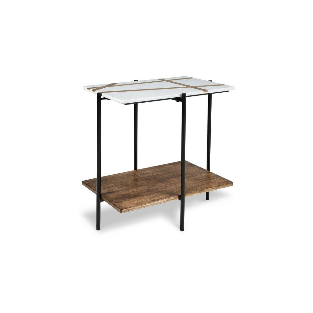 Broy Accent Table | 22" White Marble Top w Wood Inlay | Lower Shelf