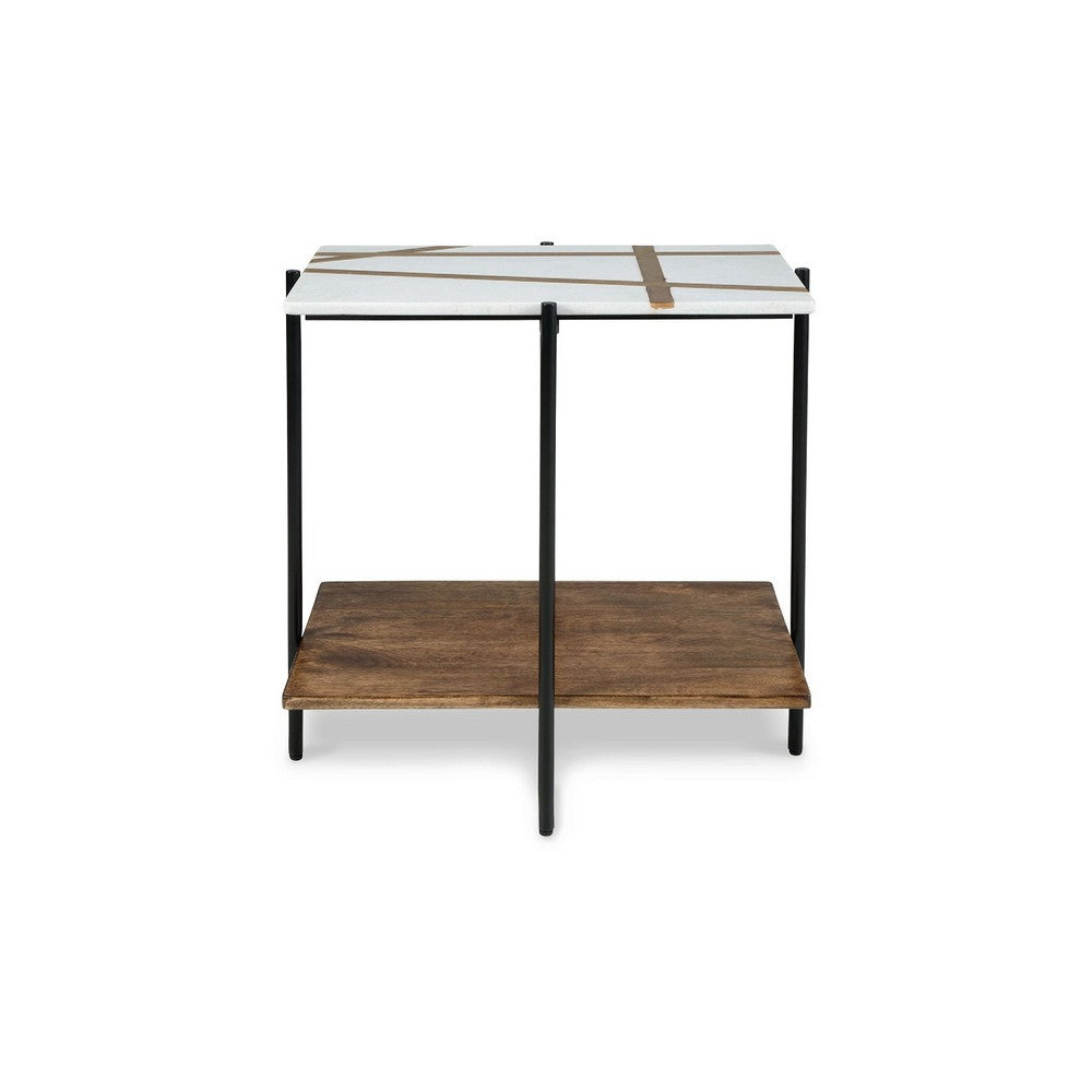 Broy Accent Table | 22" White Marble Top w Wood Inlay | Lower Shelf