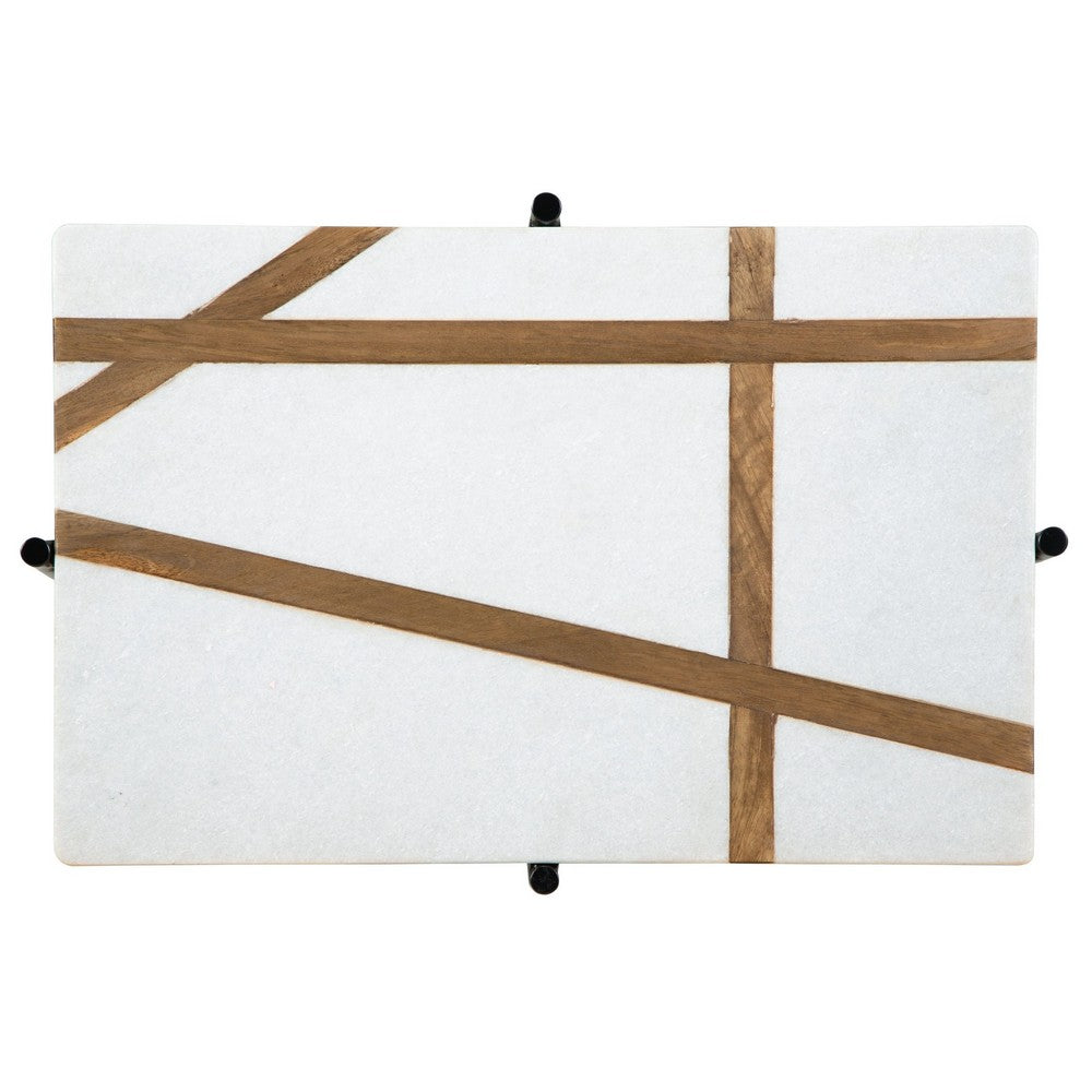 Broy Accent Table | 22" White Marble Top w Wood Inlay | Lower Shelf