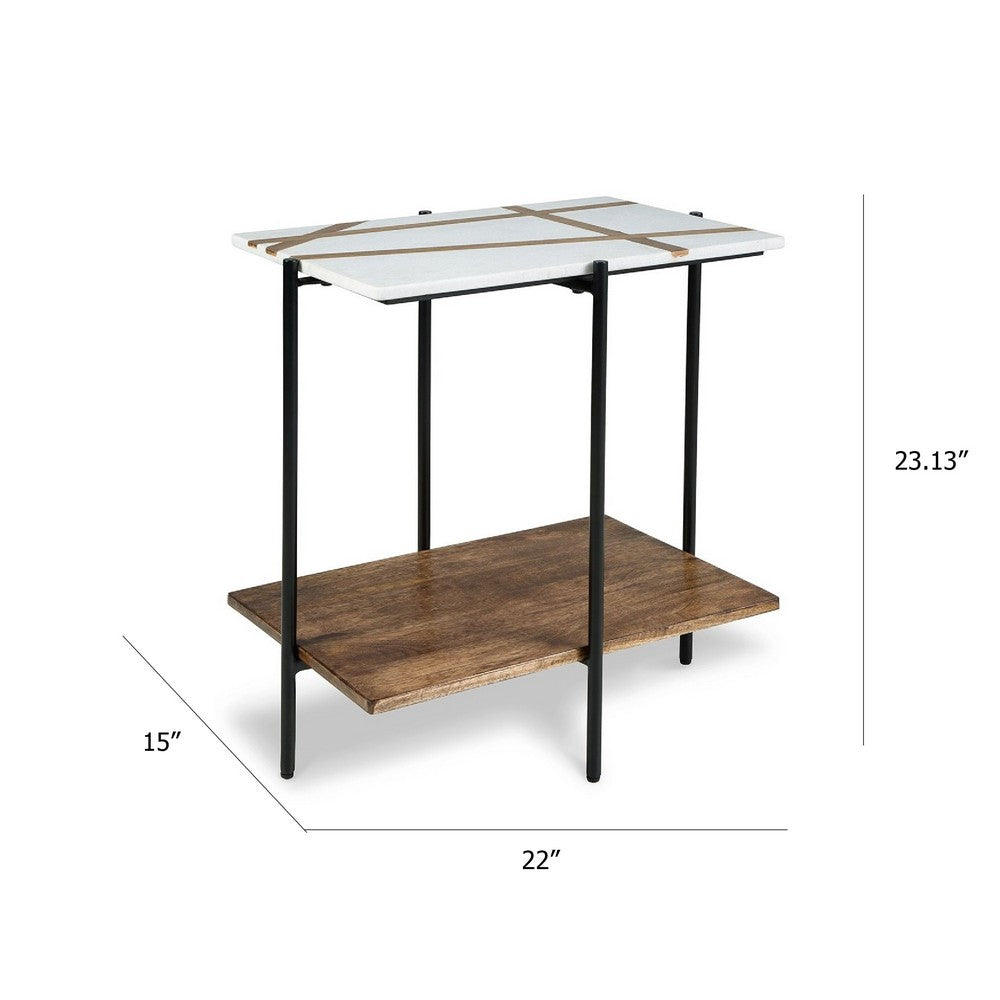 Broy Accent Table | 22" White Marble Top w Wood Inlay | Lower Shelf