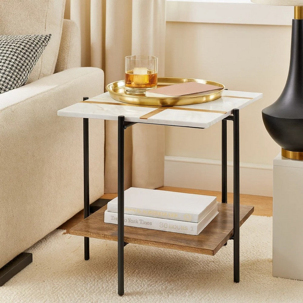 Broy Accent Table | 22" White Marble Top w Wood Inlay | Lower Shelf