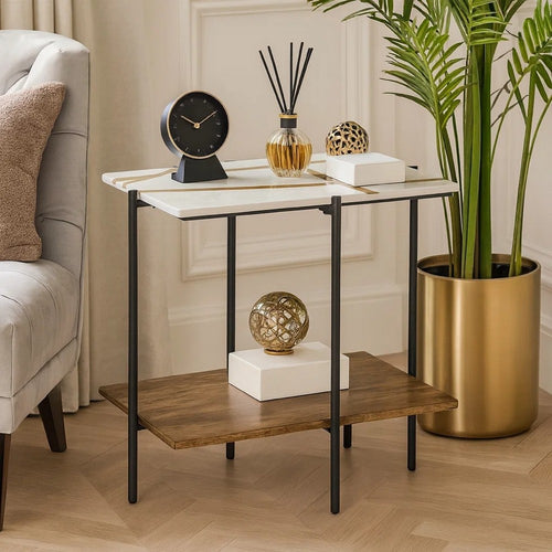 Broy Accent Table | 22" White Marble Top w Wood Inlay | Lower Shelf