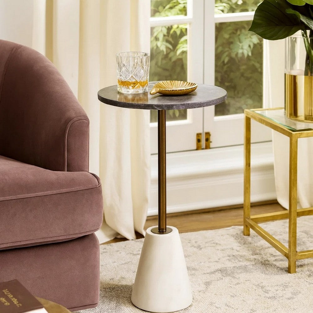 Cira Accent Table | 12" Round Black & White Marble Top | Gold Metal