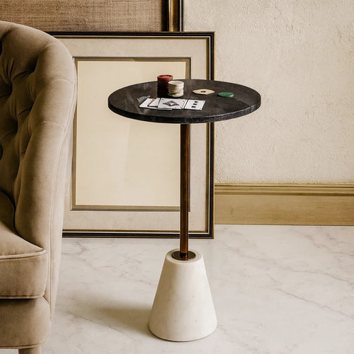 Cira Accent Table | 12" Round Black & White Marble Top | Gold Metal