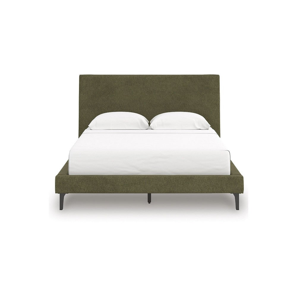 Lina Queen Size Bed w Sage Green Polyester Upholstery | Tapered Legs