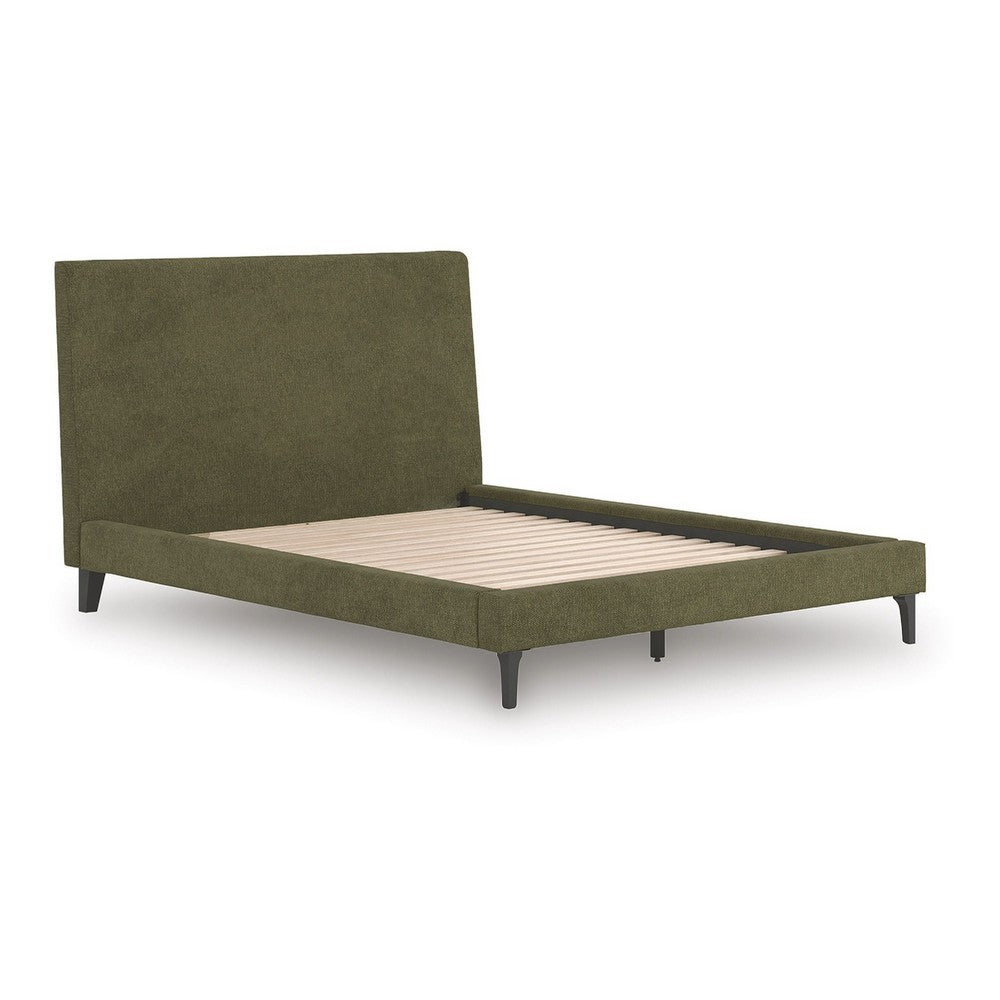 Lina Queen Size Bed w Sage Green Polyester Upholstery | Tapered Legs