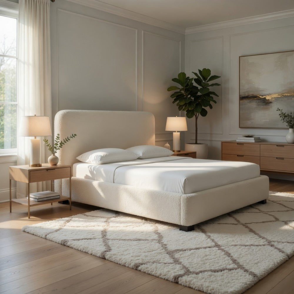 Riny Queen Size Bed w Ivory Next Gen Nuvella Upholstery | Block Legs