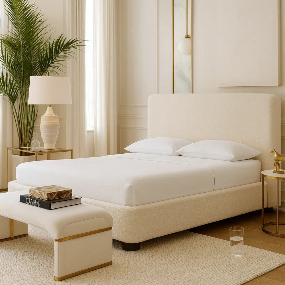 Riny King Size Bed w Ivory Next Gen Nuvella Upholstery | Block Legs
