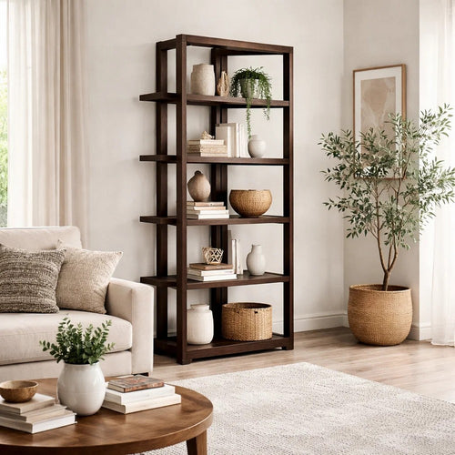 Kemu Modern Bookcase | 4 Open Shelves | 76" Rustic Dark Brown Wood