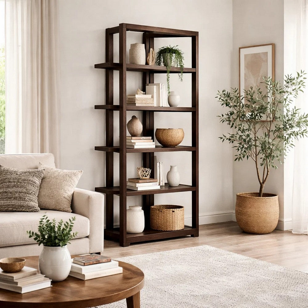 Kemu Modern Bookcase | 4 Open Shelves | 76" Rustic Dark Brown Wood