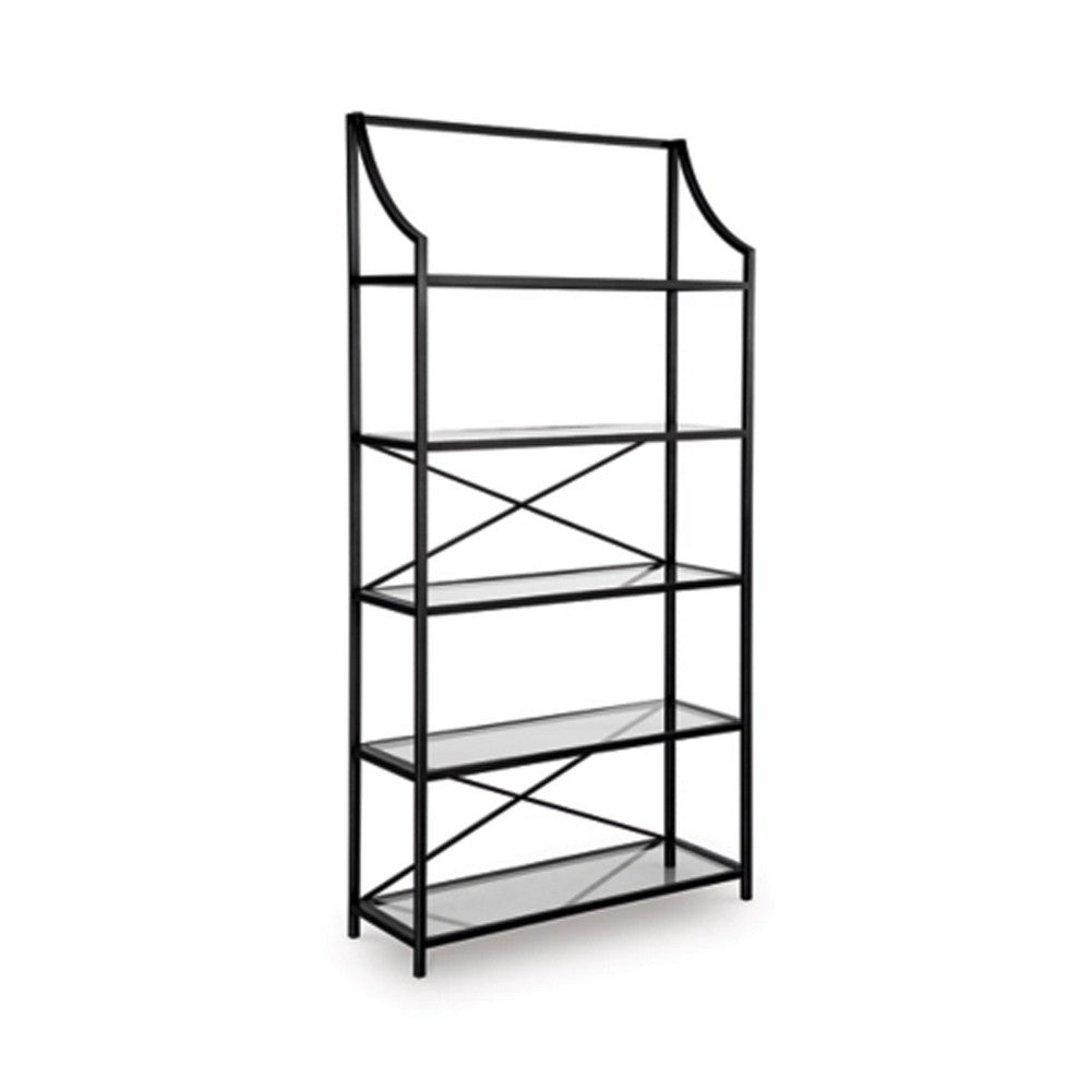 Meu Bookcase with 5 Clear Glass Shelves | 72" Antique Black Metal