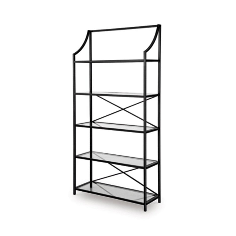 Meu Bookcase with 5 Clear Glass Shelves | 72" Antique Black Metal