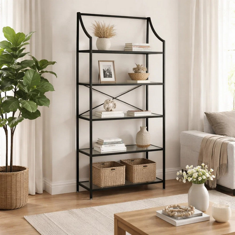 Meu Bookcase with 5 Clear Glass Shelves | 72" Antique Black Metal