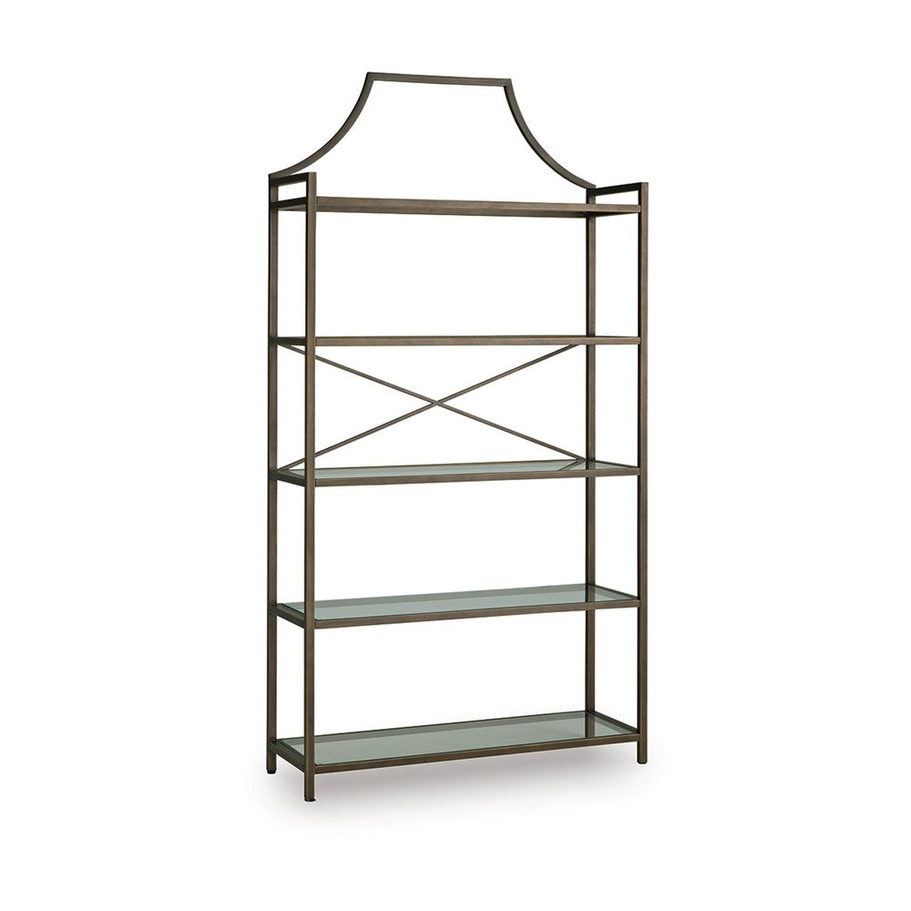 Gey Bookcase with 5 Clear Glass Shelves | 72" Antique Bronze Metal Frame