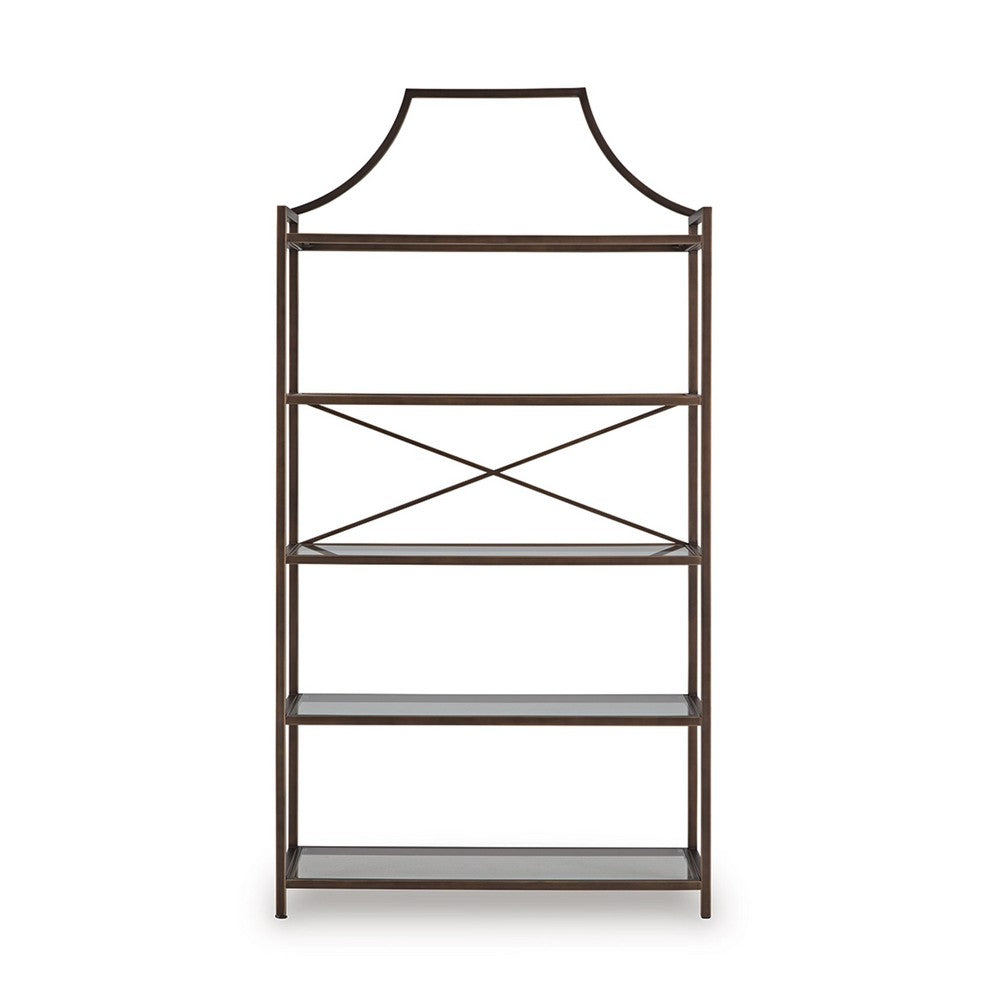Gey Bookcase with 5 Clear Glass Shelves | 72" Antique Bronze Metal Frame