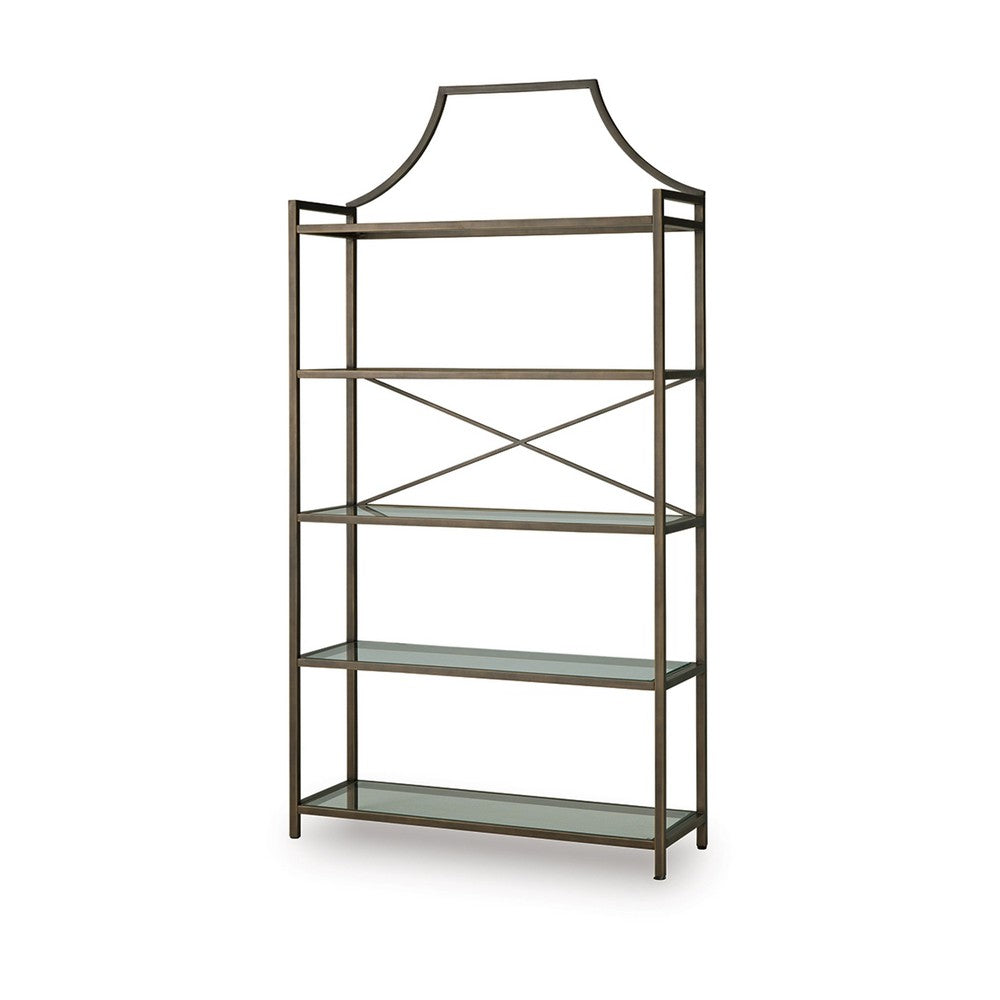 Gey Bookcase with 5 Clear Glass Shelves | 72" Antique Bronze Metal Frame
