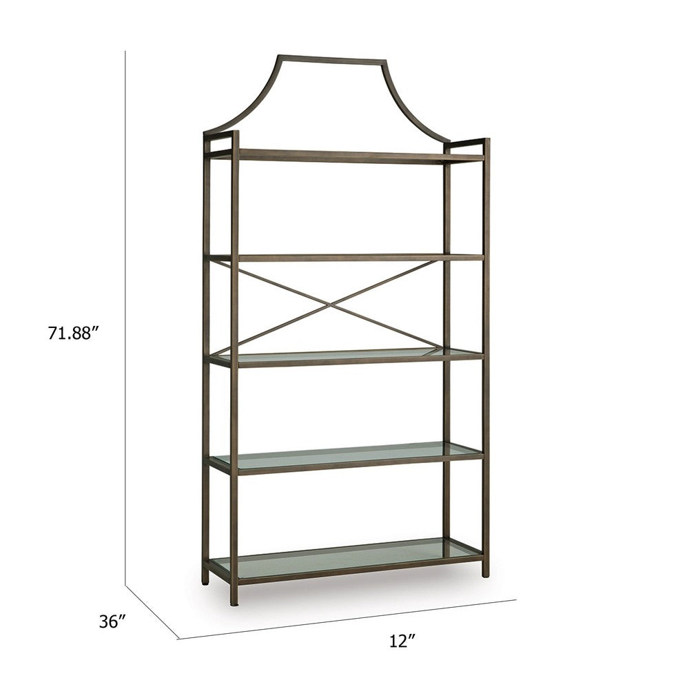 Gey Bookcase with 5 Clear Glass Shelves | 72" Antique Bronze Metal Frame