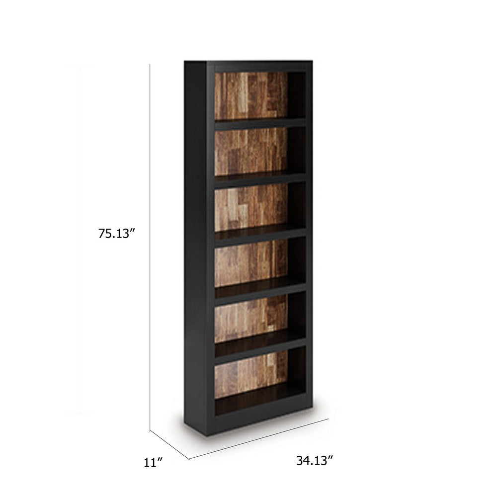 Fleur Classic Bookcase | 6 Shelves | Butcher Block Back | 75" Black Brown