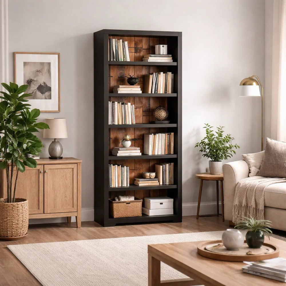 Fleur Classic Bookcase | 6 Shelves | Butcher Block Back | 75" Black Brown