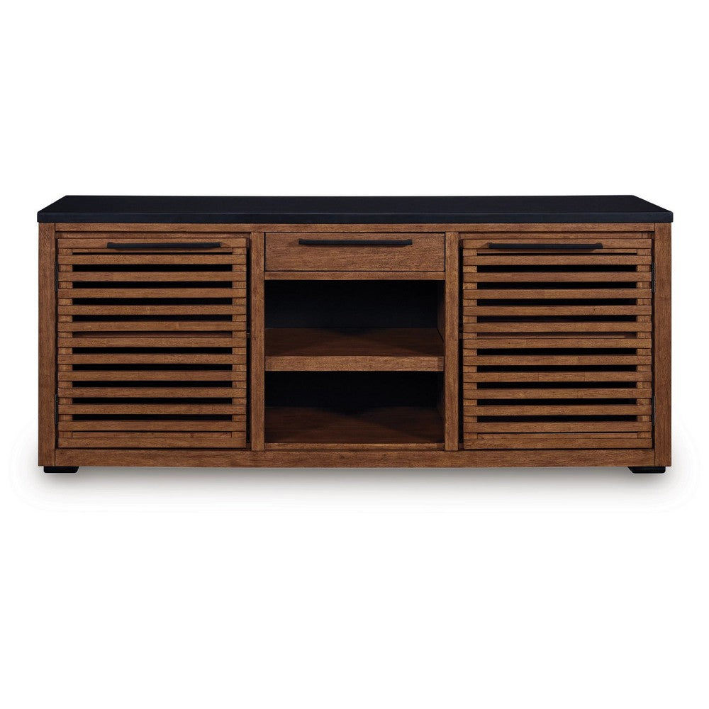 Kely Sideboard Credenza | 2 Slatted Doors | Open Cubbies | 66" Brown