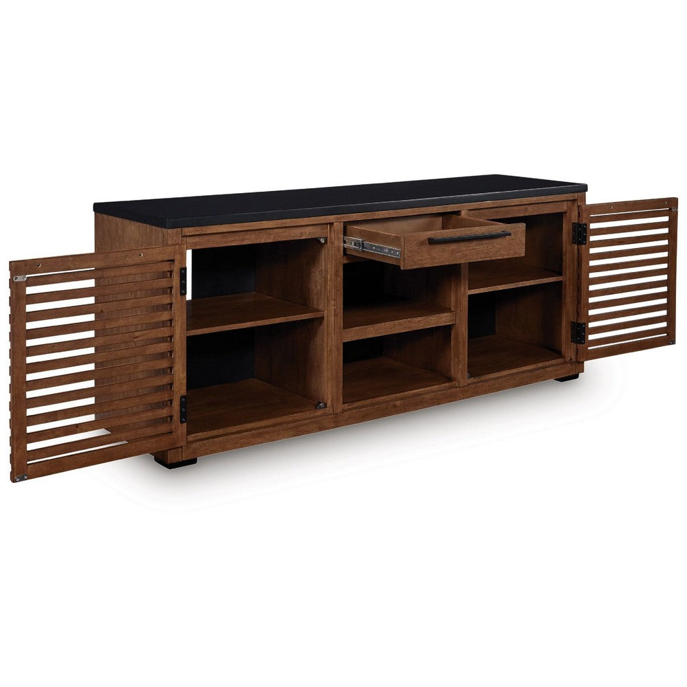 Kely Sideboard Credenza | 2 Slatted Doors | Open Cubbies | 66" Brown