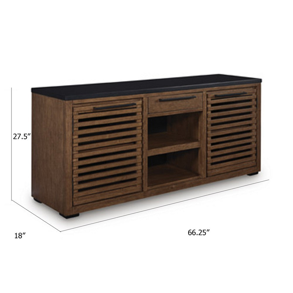 Kely Sideboard Credenza | 2 Slatted Doors | Open Cubbies | 66" Brown