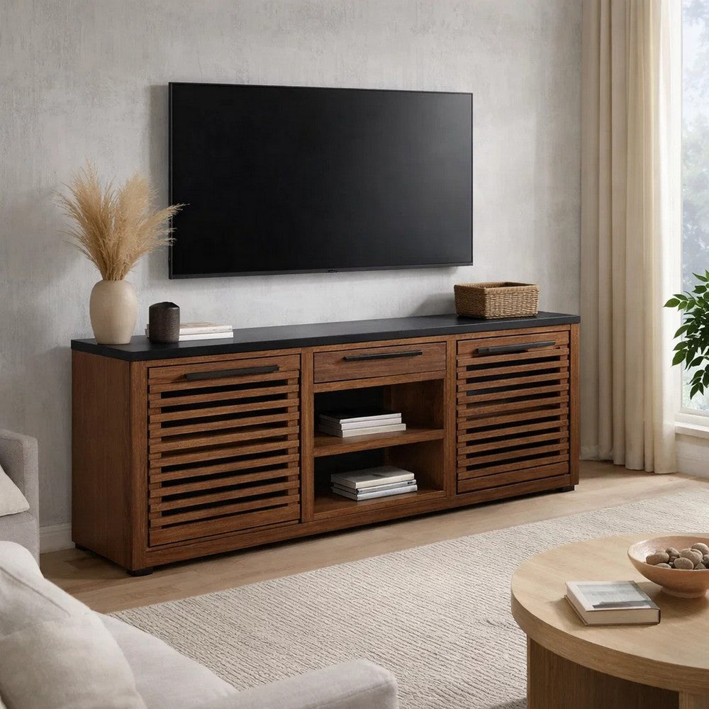 Kely Sideboard Credenza | 2 Slatted Doors | Open Cubbies | 66" Brown
