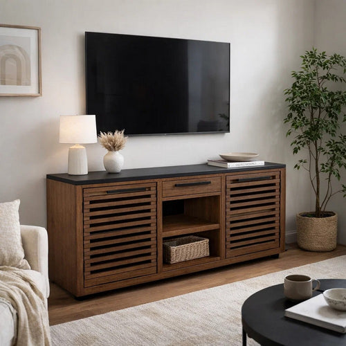 Kely Sideboard Credenza | 2 Slatted Doors | Open Cubbies | 66" Brown