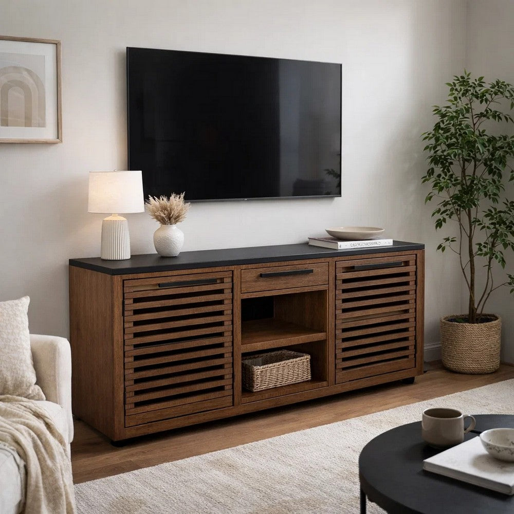 Kely Sideboard Credenza | 2 Slatted Doors | Open Cubbies | 66" Brown