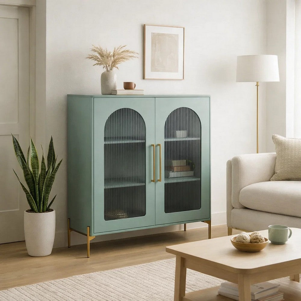 Aryi Accent Cabinet | 2 Fluted Arch Glass Doors | 40" Sea Green & Gold