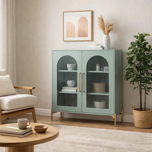 Aryi Accent Cabinet | 2 Fluted Arch Glass Doors | 40" Sea Green & Gold