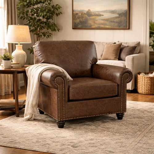 Fecy Sofa Armchair | Rolled Arms & Turned Legs | Umber Gray Faux Leather