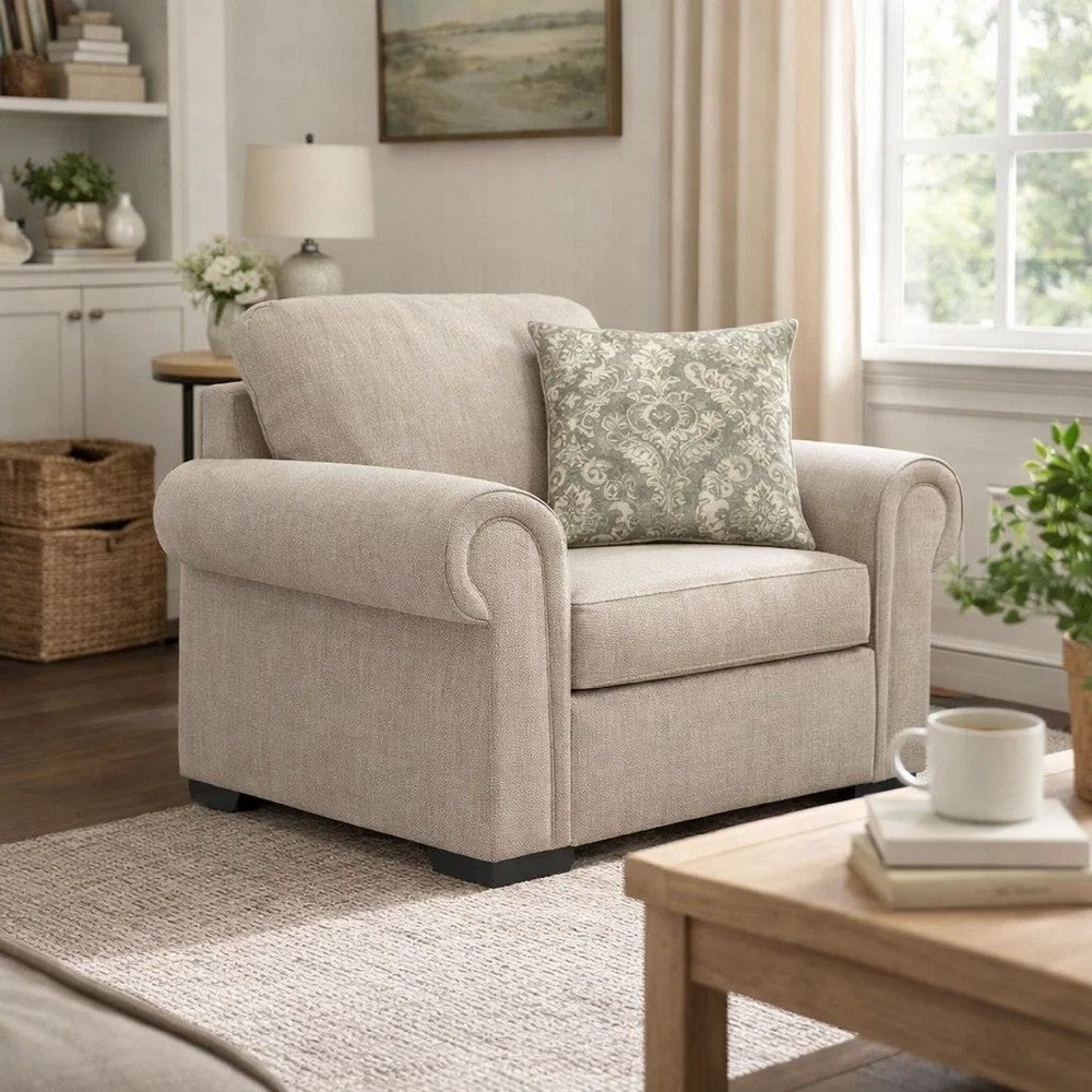 Mecy Oversized Armchair | 1 Pillow | Rolled Arms | Heather Beige Chenille